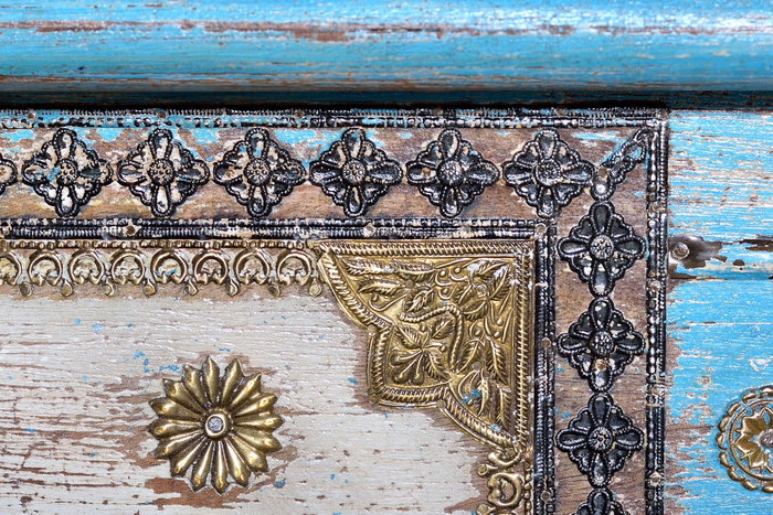 Giner y Colomer - Malle de rangement buffet en bois de manguier bleu vieilli avec poignées en bronze, dimensions 116x40x45 cm